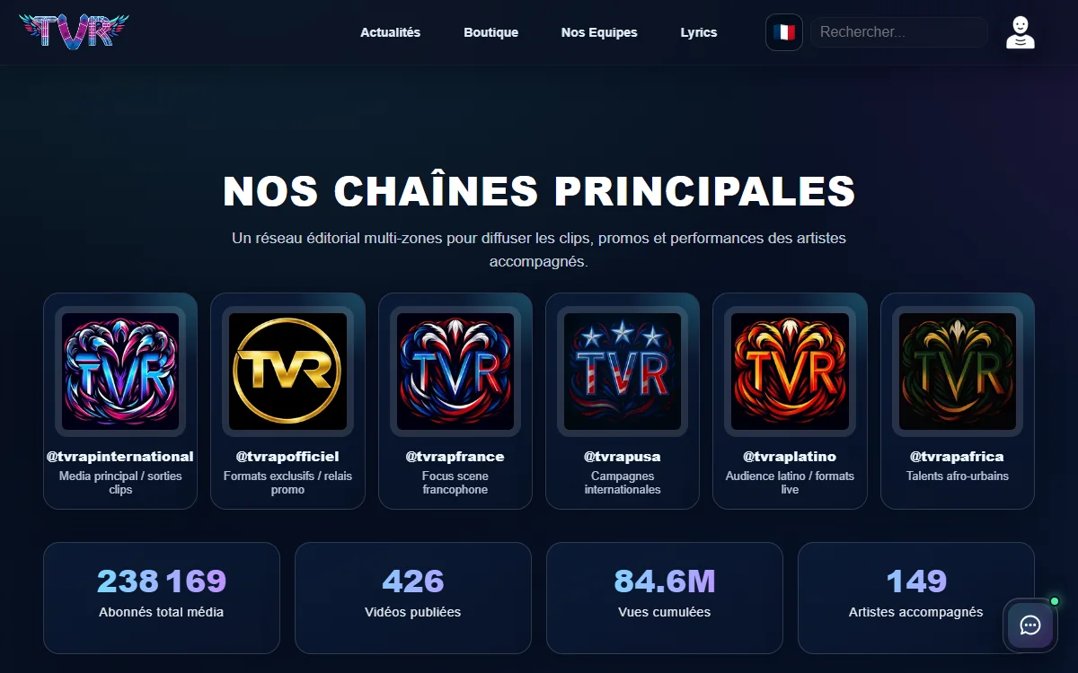 Page d’accueil actuelle du site TV Rap International